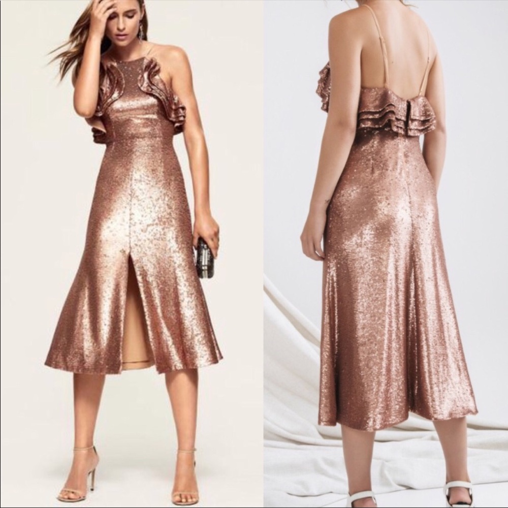 922 revovle c/meo illuminated copper sequin dress